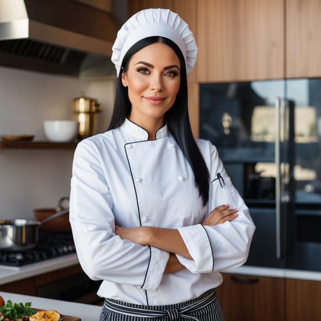 A professional female chef with long dark hair, wearing a white chef’s uniform and hat, stands confidently in a modern kitchen with her arms crossed. She has a warm smile, and the background features wooden cabinets, stainless steel appliances, and a cooking area with fresh ingredients.