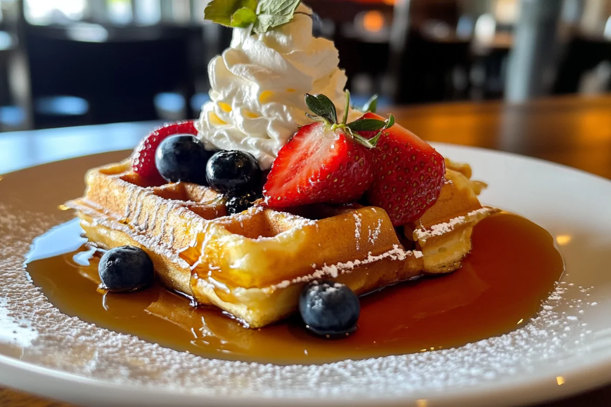 A close up of a golden perfectly cooked waffle on