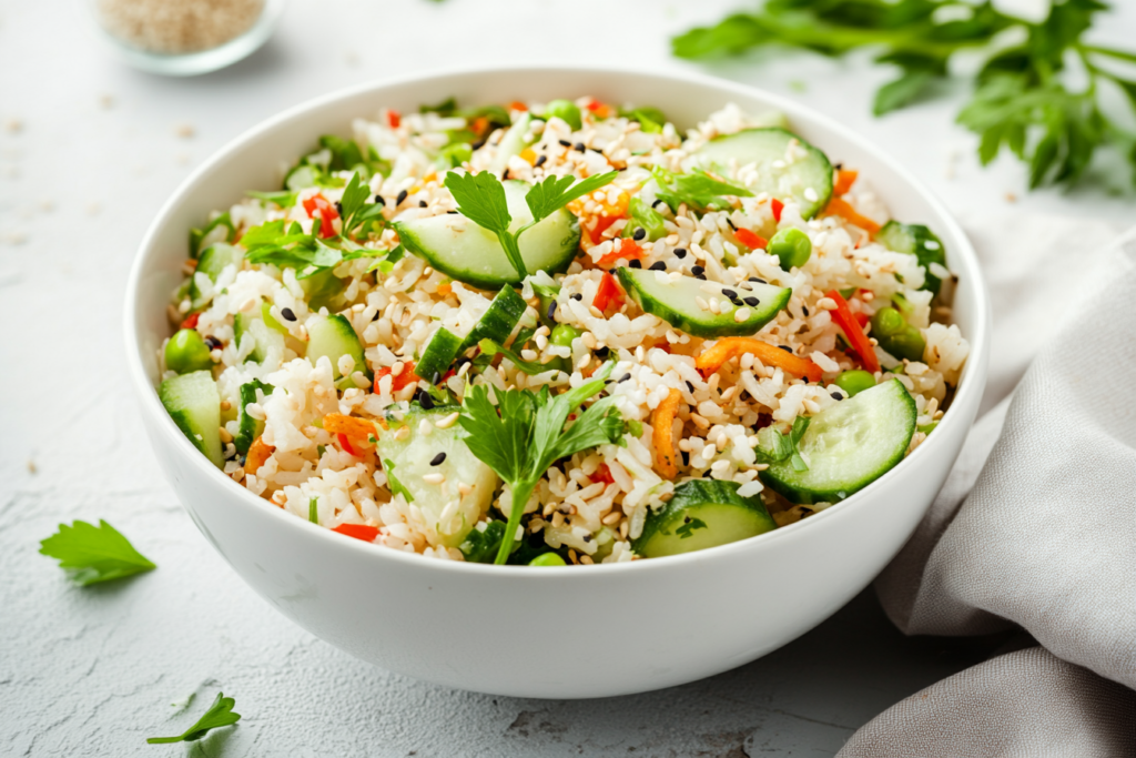 Crispy rice salad with cucumbers and sesame seeds in a bowl.