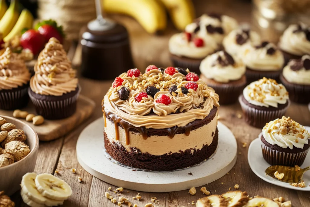 Peanut butter frosting spread on cupcakes, brownies, and cookies with decorative toppings like sprinkles and nuts.