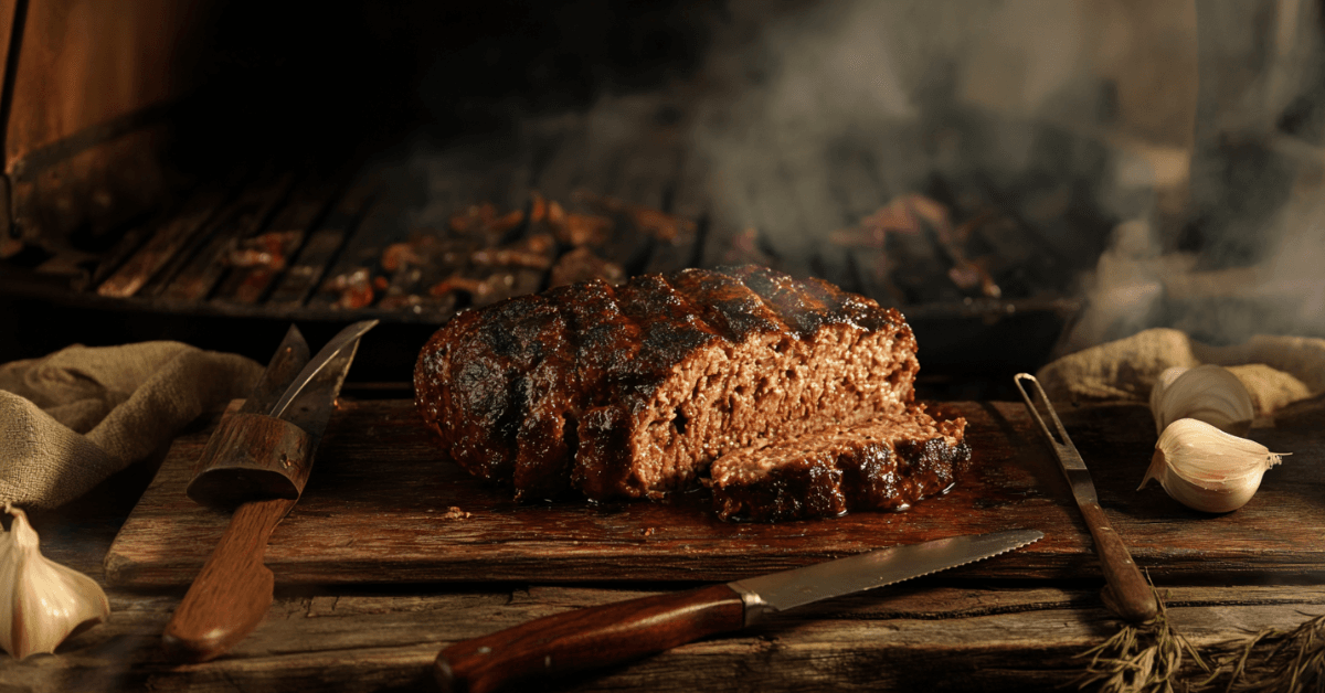 Smoked meatloaf on a wooden cutting board with smoke in the background.