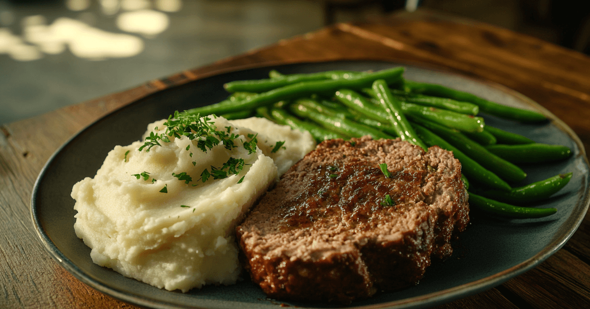 A perfectly cooked meatloaf sliced to reveal its moist texture with a side of mashed potatoes.