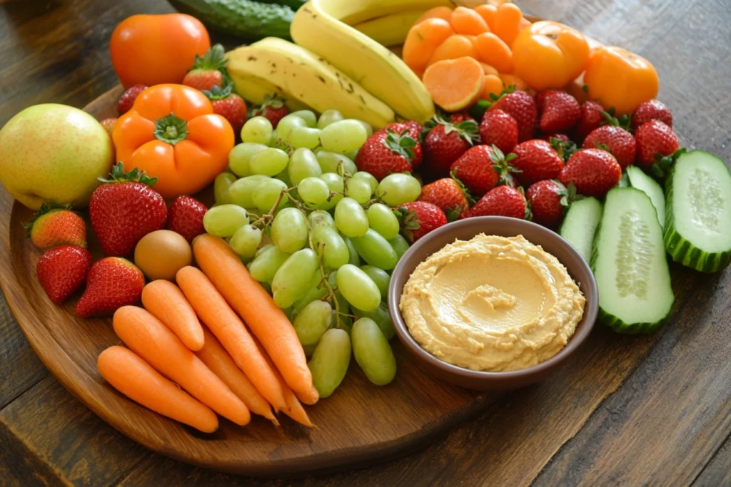 A colorful selection of fresh fruits and vegetables, including apples, bananas, oranges, strawberries, bell peppers, carrots, and cucumbers, arranged on a rustic wooden table with natural lighting.