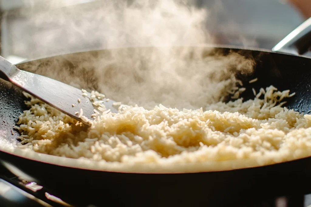 Crispy rice recipe frying in a skillet with golden edges.
