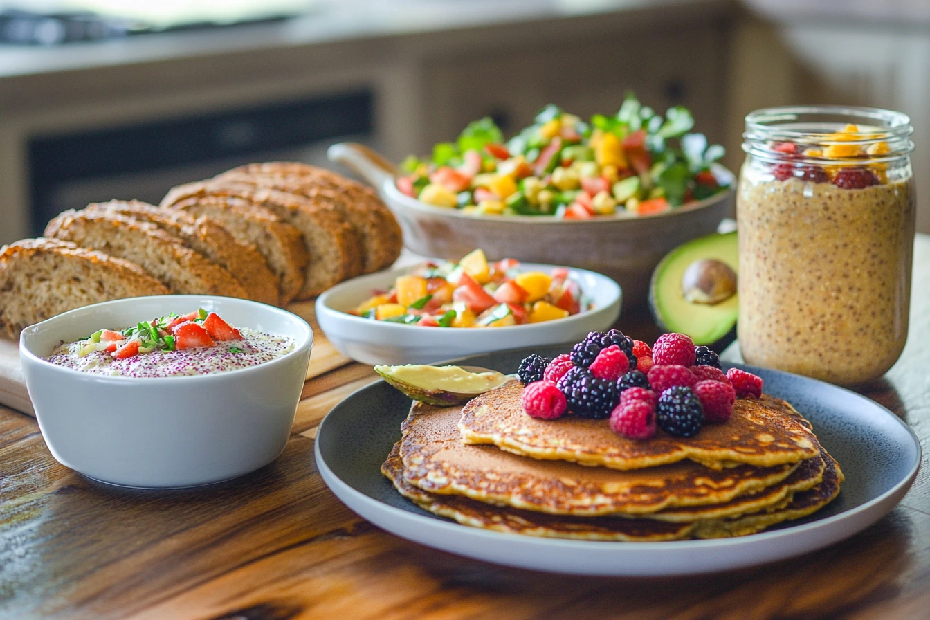 A beautifully arranged gluten-free and lactose-free meal featuring almond flour pancakes, chia pudding, quinoa salad, gluten-free bread, and avocado slices, set on a rustic wooden table with soft natural lighting.