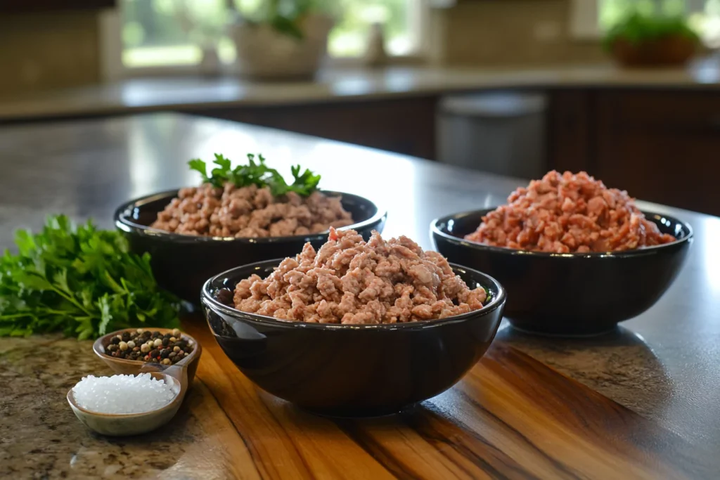 Three bowls of ground meats (beef, veal, and turkey) displayed on a wooden countertop, with seasonings like salt, pepper, and parsley nearby.