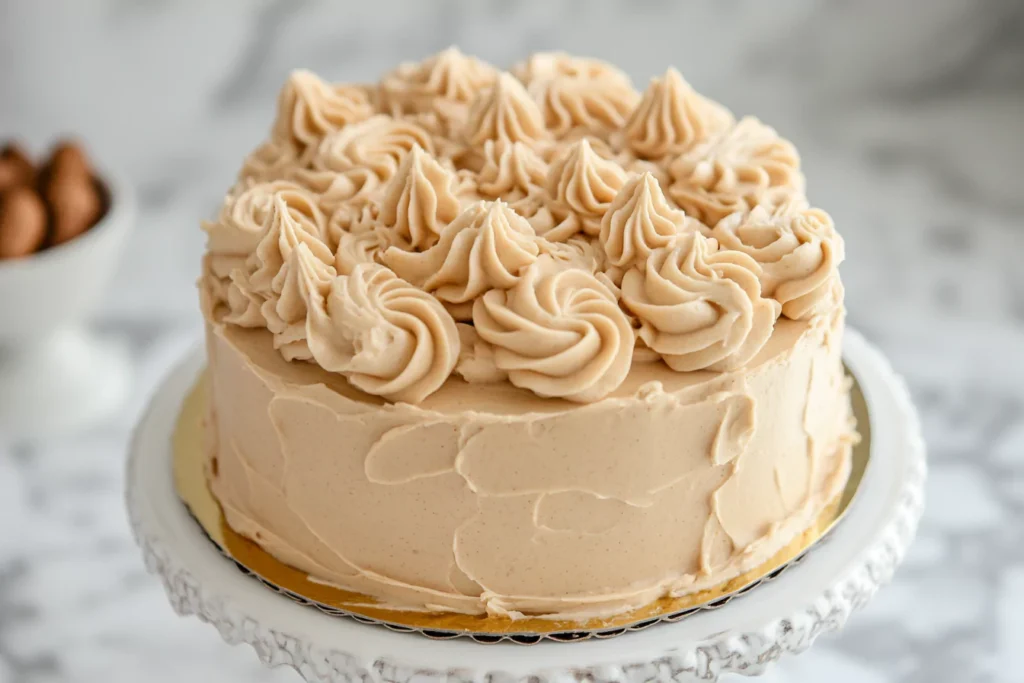 A step-by-step visual of peanut butter frosting being prepared in a mixing bowl with an electric mixer.