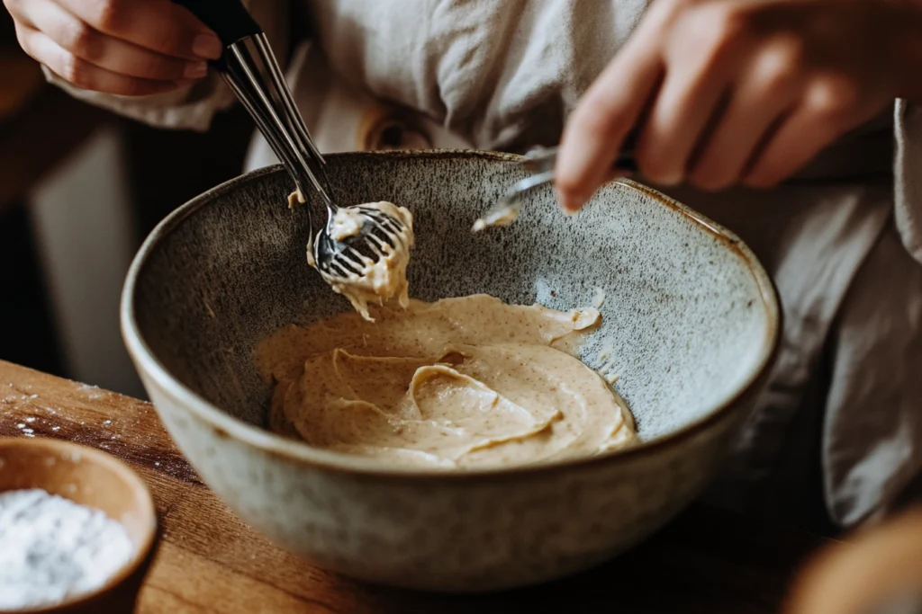 A close-up image of a baker using a hand mixer to fix grainy peanut butter frosting in a ceramic mixing bowl, with a small dish of warm milk and a fine-mesh sifter nearby.