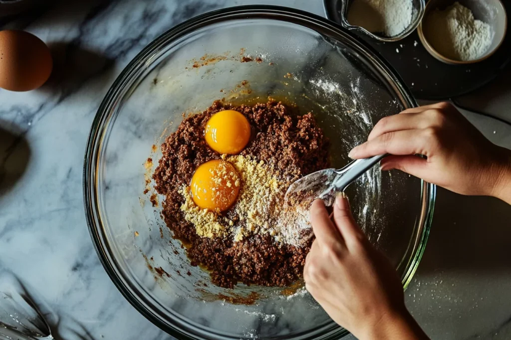 Hands gently mixing meatloaf ingredients in a large bowl, including ground beef, breadcrumbs, eggs, and seasonings.