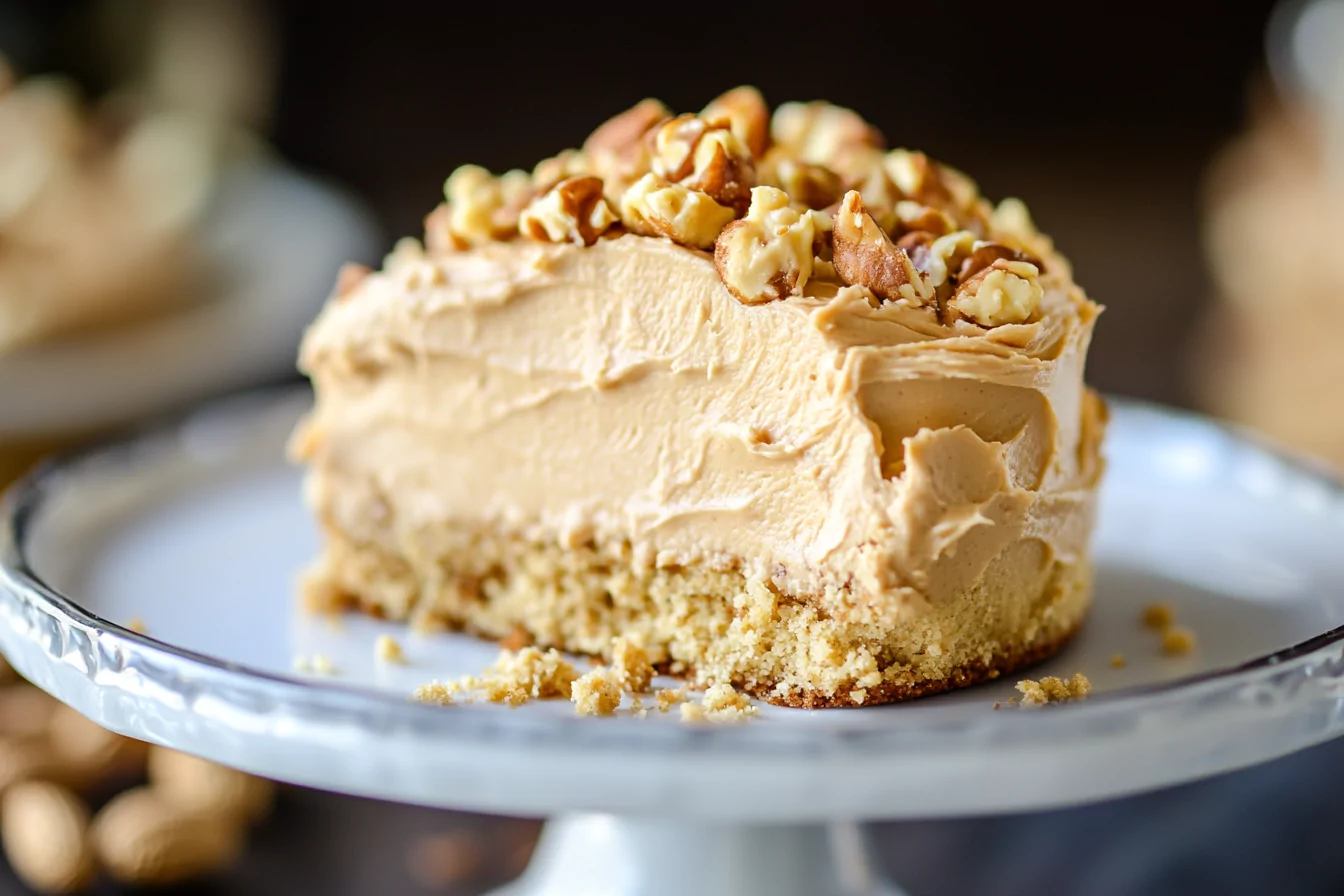 A bowl of creamy peanut butter frosting alongside a cake decorated with it, showcasing its versatility and rich flavor.