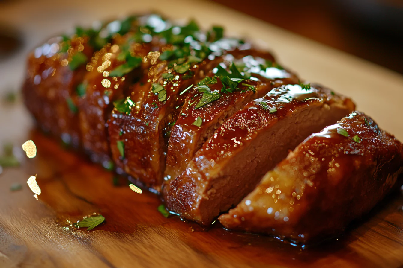 A perfectly sliced meatloaf on a wooden cutting board, revealing a firm and juicy interior with a shiny glaze on top, garnished with parsley.