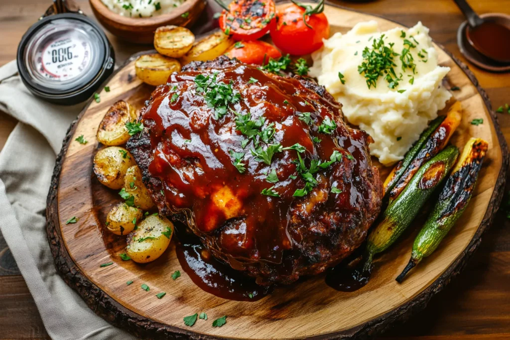 Smoked meatloaf with shiny tomato glaze on a wooden platter, surrounded by mashed potatoes and grilled vegetables.