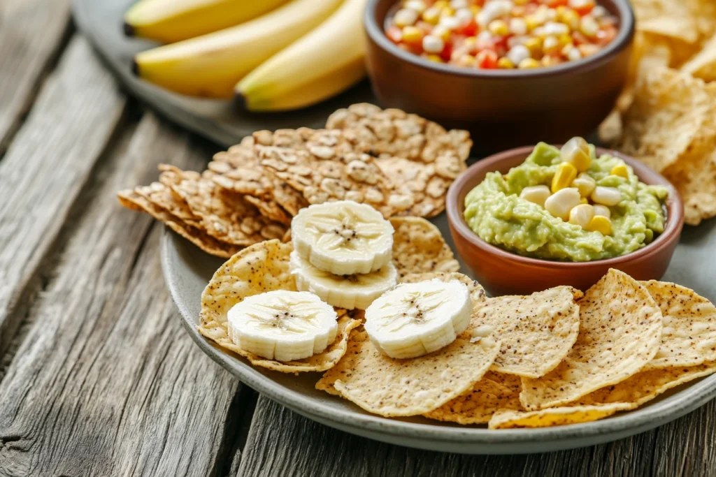 A selection of gluten-free rice and corn-based snacks, including rice cakes with almond butter, corn tortilla chips with guacamole, and a bowl of popcorn, arranged on a rustic wooden table with soft natural lighting