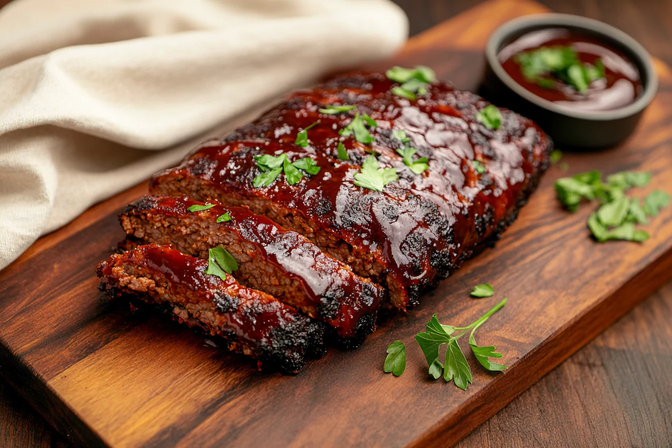 A beautifully smoked meatloaf on a wooden cutting board, sliced to reveal its juicy interior with a glossy barbecue glaze, garnished with fresh parsley.