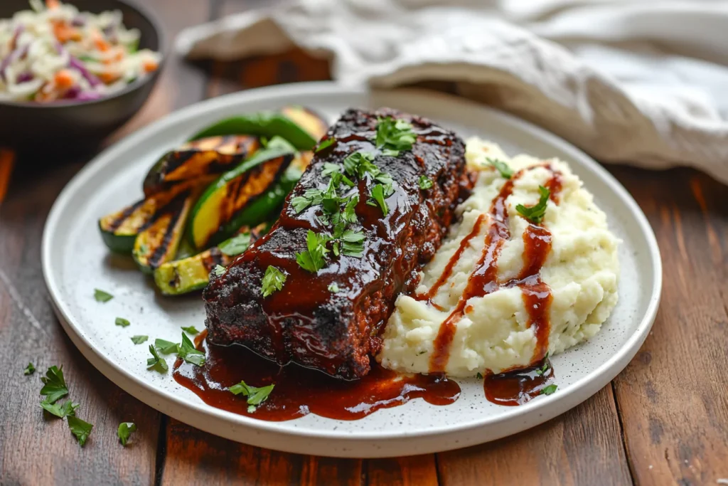 A plate featuring a slice of smoked meatloaf with creamy mashed potatoes and grilled vegetables, drizzled with barbecue sauce and garnished with parsley.
