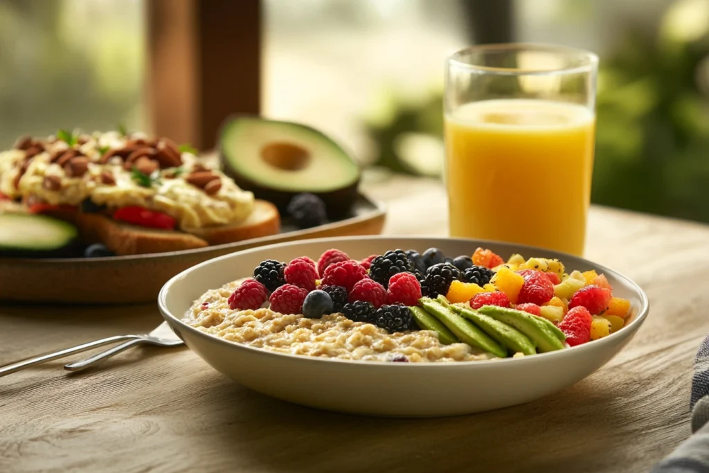 A beautifully arranged healthy breakfast featuring oatmeal with berries, a vegetable omelet, avocado toast, and fresh juice on a rustic wooden table with natural morning light.