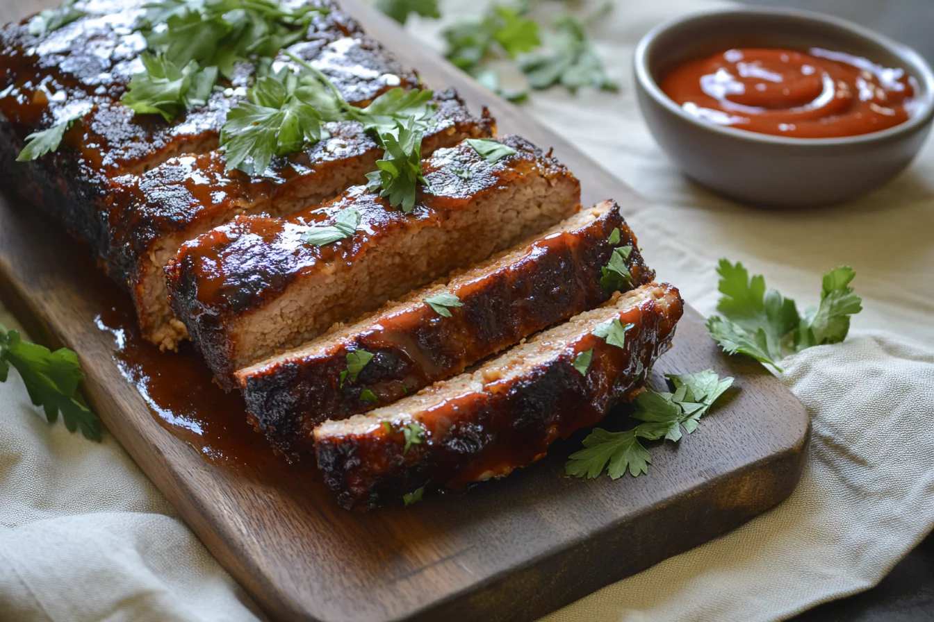A perfectly moist meatloaf sliced on a wooden cutting board, revealing a juicy interior with a glossy glaze on top, garnished with parsley.