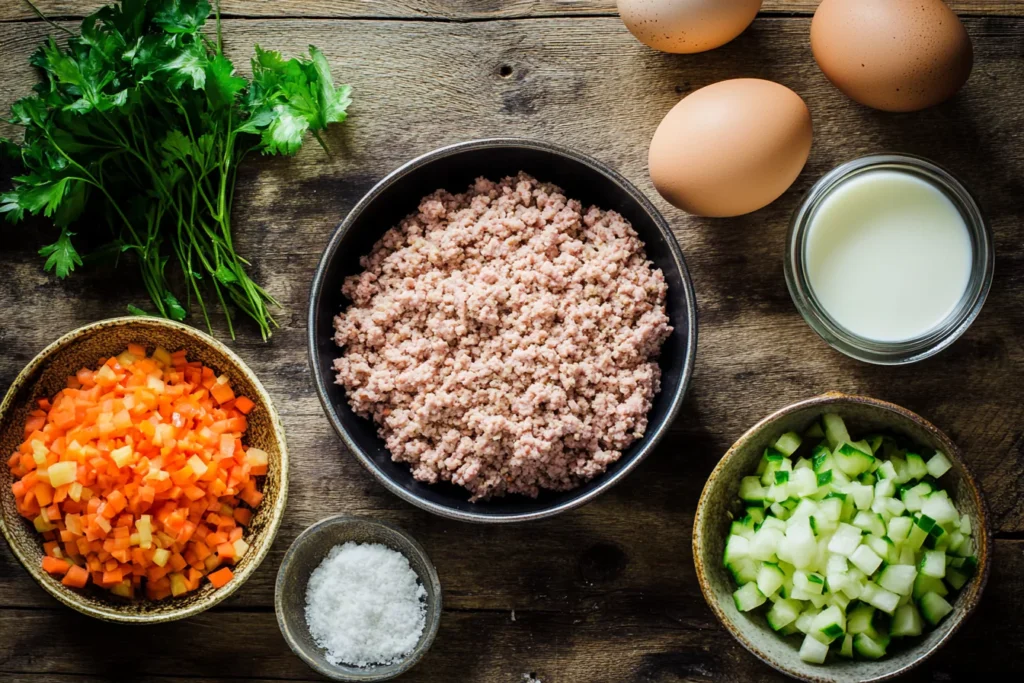 An arrangement of key meatloaf ingredients, including ground beef, eggs, breadcrumbs, grated vegetables, and a bowl of milk, displayed on a rustic wooden table.