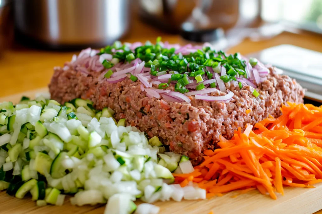 A cutting board with finely chopped onions, grated carrots, and shredded zucchini, ready to be added to a meatloaf mixture.