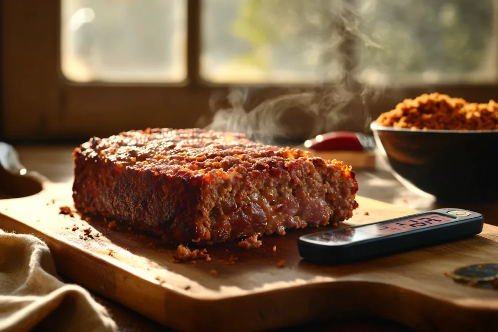 Smoked meatloaf slice on a wooden board with a meat thermometer showing 150°F, representing the temperature stall.