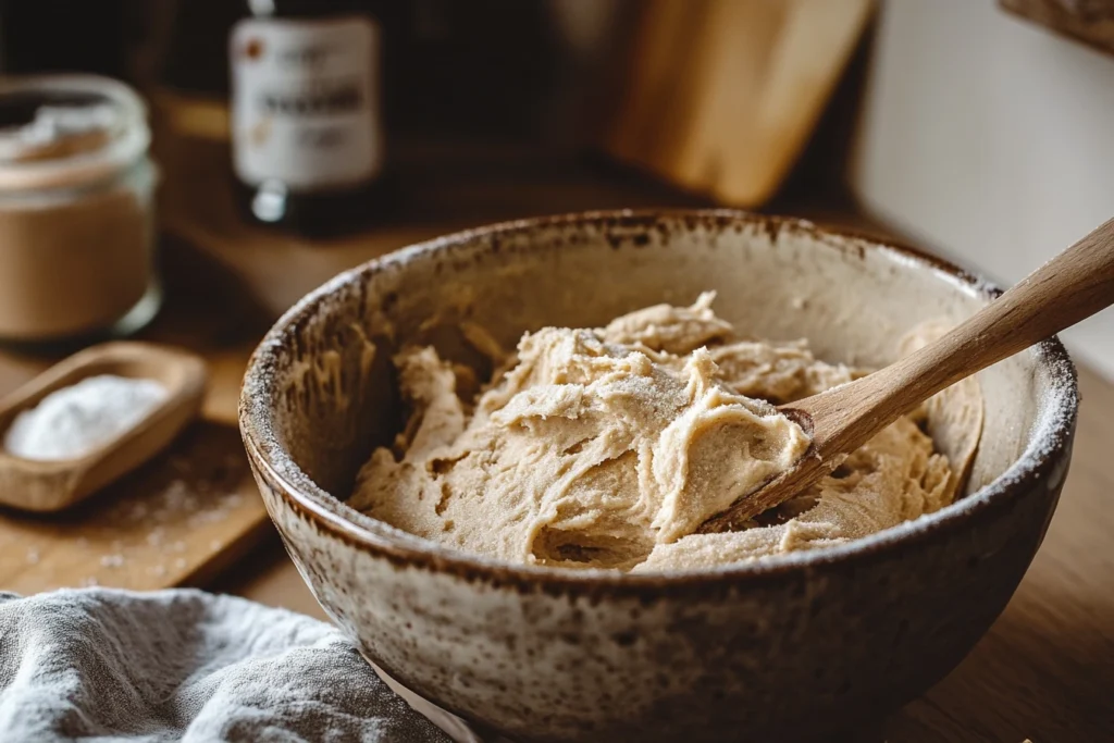 A close-up image of grainy peanut butter frosting in a ceramic mixing bowl, showing visible sugar clumps and an uneven texture with a wooden spoon partially submerged.