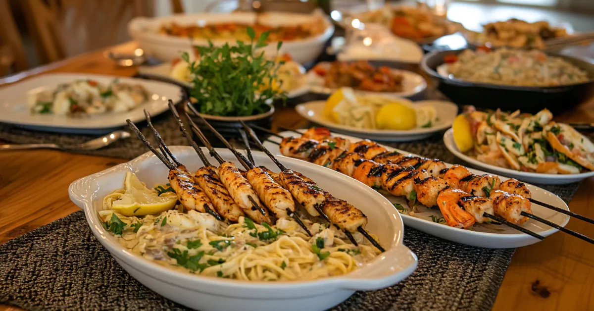 A variety of seafood medley dishes served on a table.