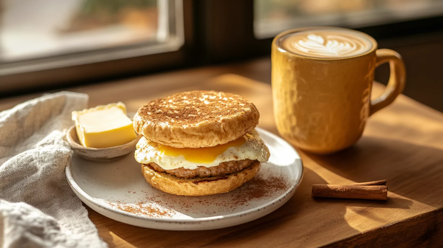 A sausage egg and cheese McMuffin surrounded by fresh ingredients on a rustic plate.