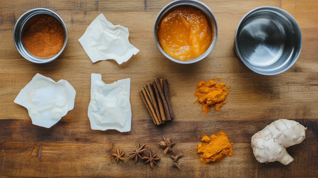 Pumpkin spice chai latte ingredients arranged on a countertop.