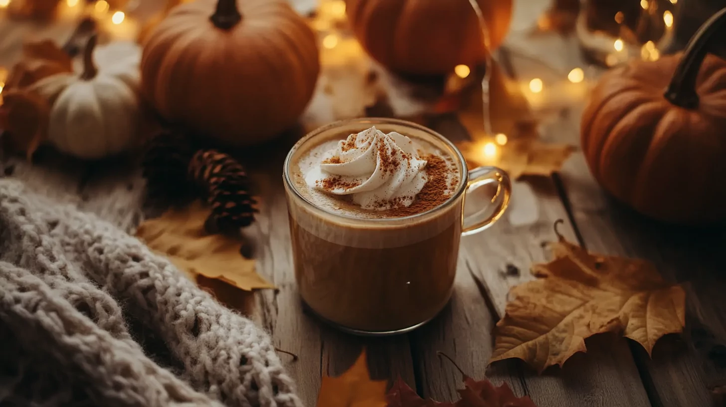 A cozy pumpkin spice chai latte surrounded by autumn decorations.