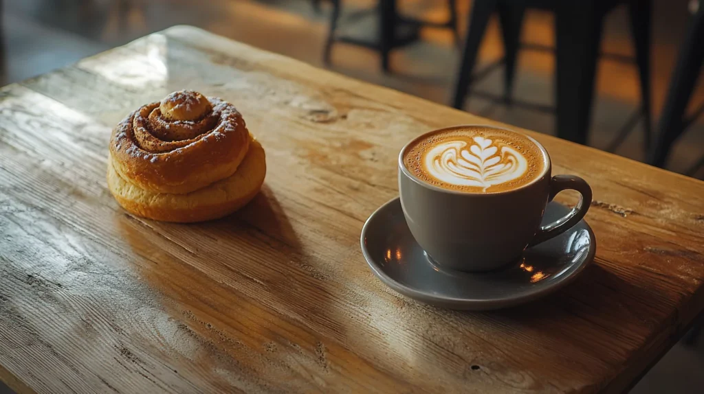 A latte and a cinnamon roll on a wooden table.