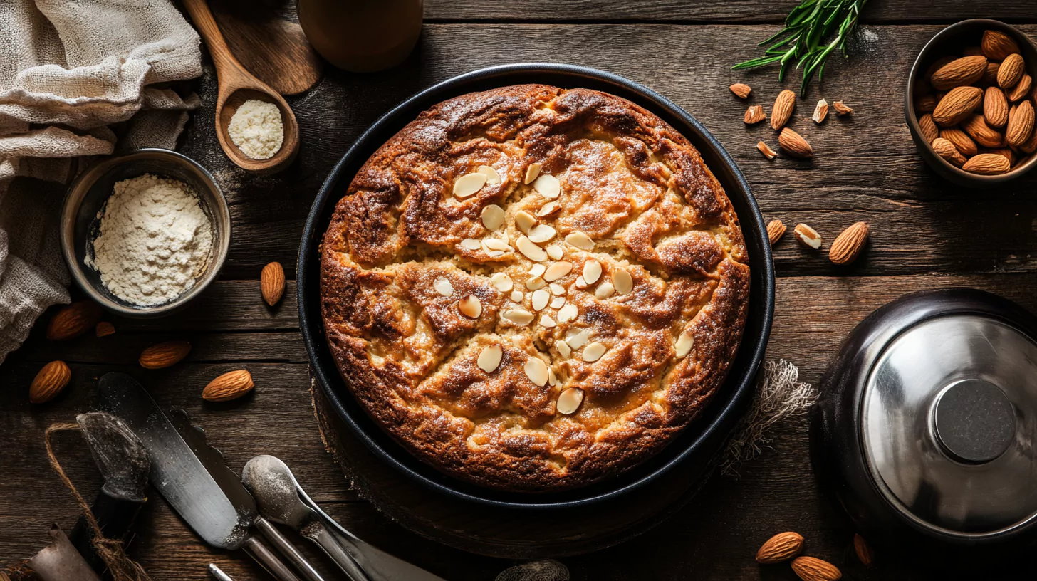 Almond nut cake on a wooden table, surrounded by almonds and baking ingredients.