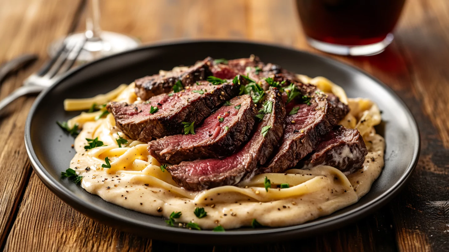 Steak pasta dish with tender steak slices on fettuccine Alfredo, garnished with parsley.