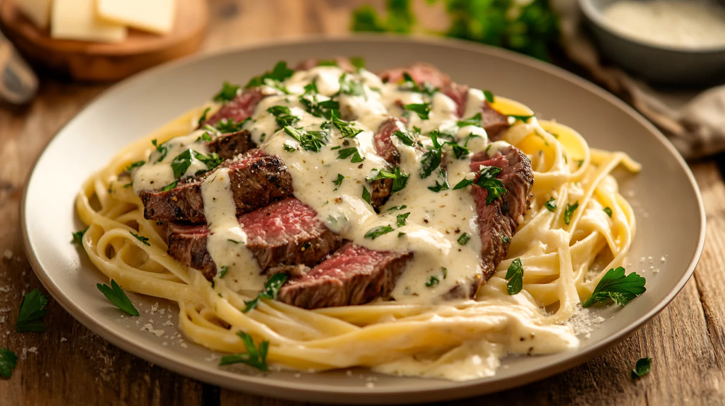 Creamy steak pasta garnished with parsley and Parmesan on a rustic table.