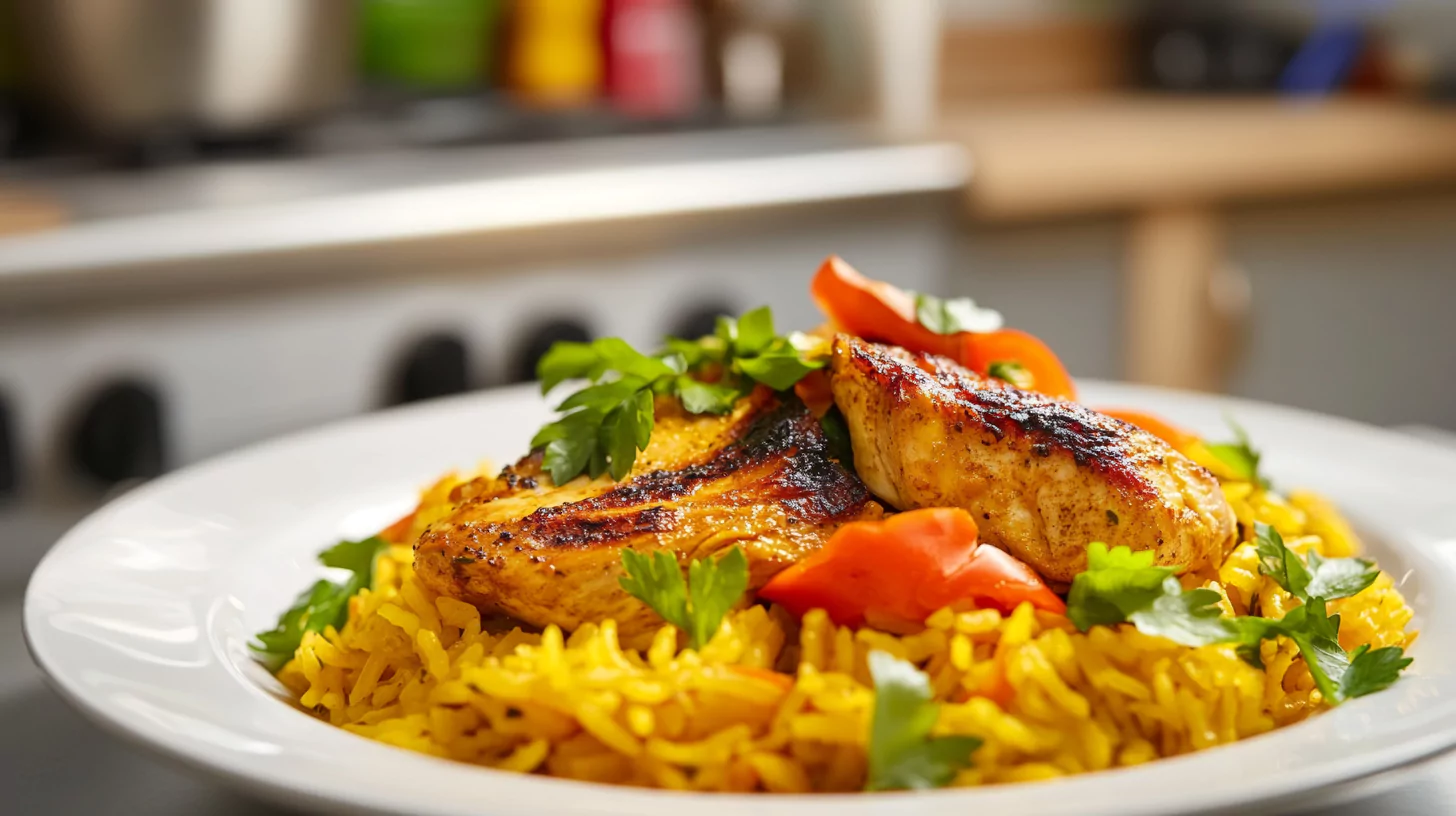 Yellow rice and chicken served on a white plate with vegetables.