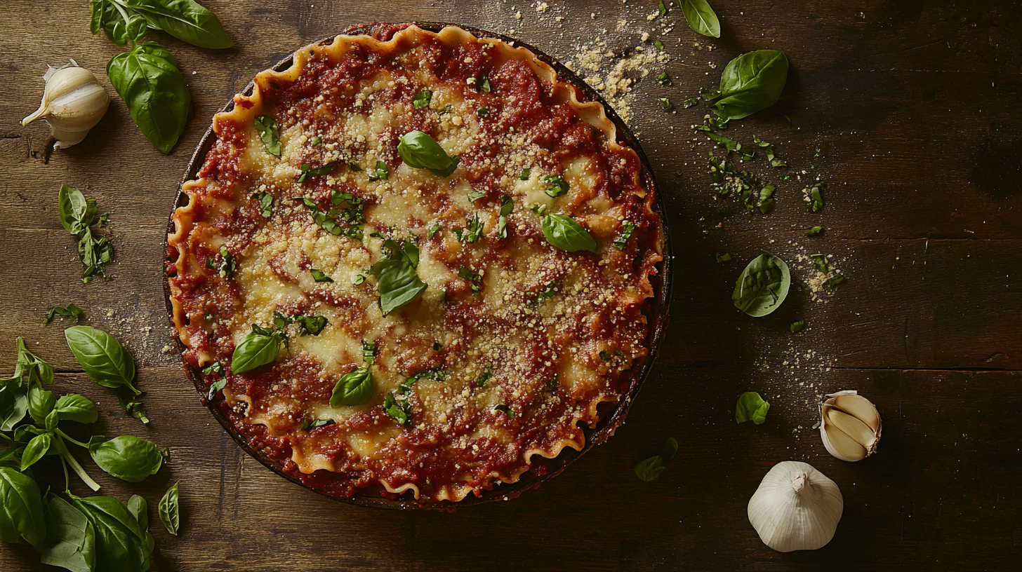 Layered lasagna on a rustic wooden table with fresh basil and garlic. Drain Meat for Lasagna