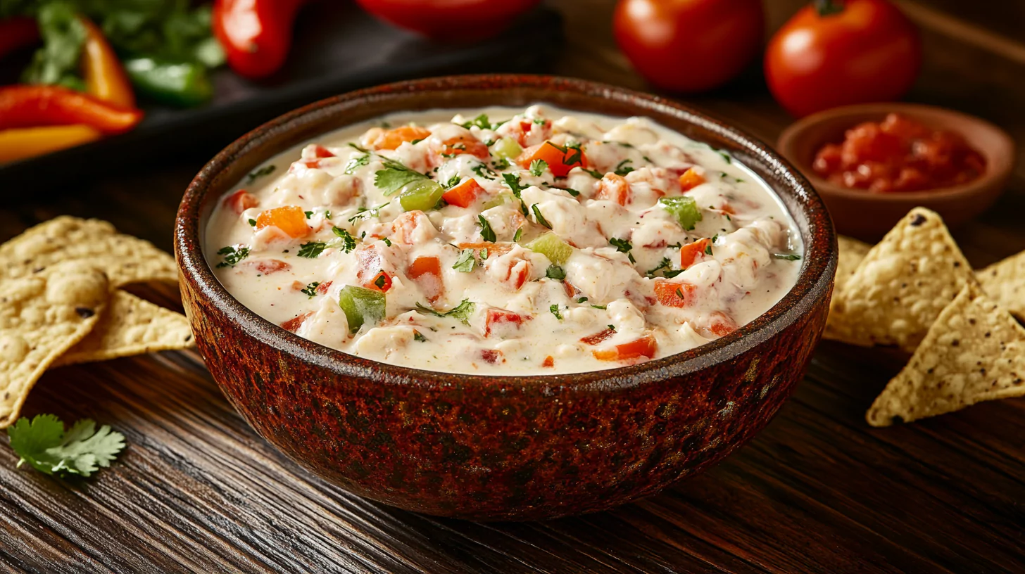 A bowl of chunky Chipotle queso served with tortilla chips and fresh vegetables.