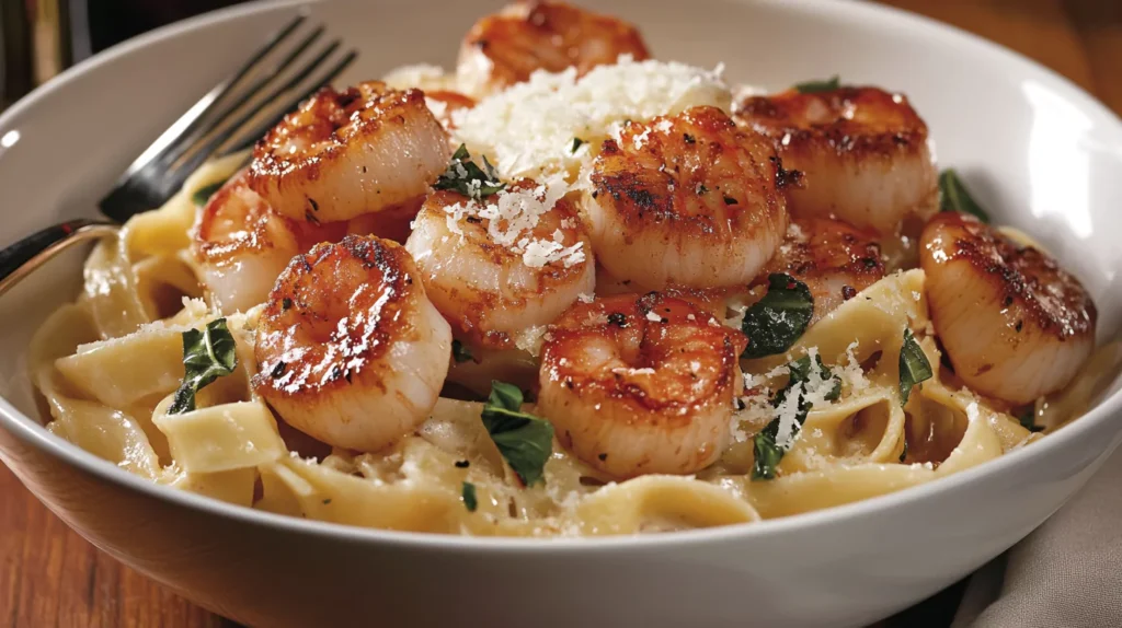 A bowl of creamy seafood pasta with shrimp and scallops.