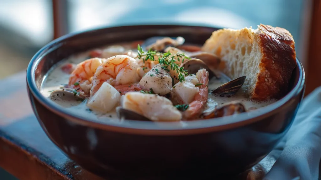 A bowl of creamy seafood chowder with bread on the side.