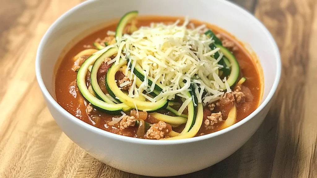 Low-calorie lasagna soup with zucchini noodles and low-fat cheese.