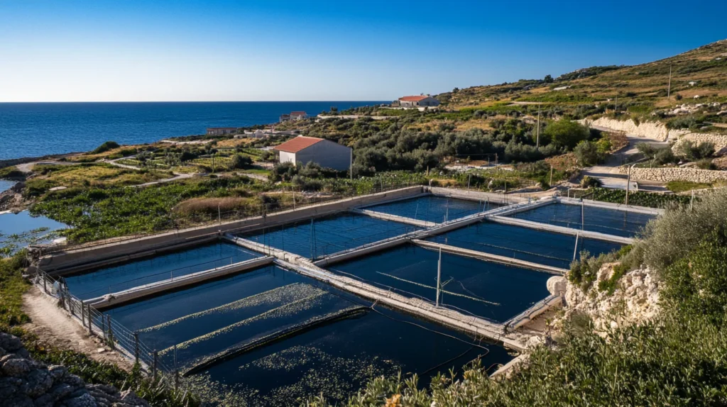 Branzino farms with fish in clean water enclosures.
