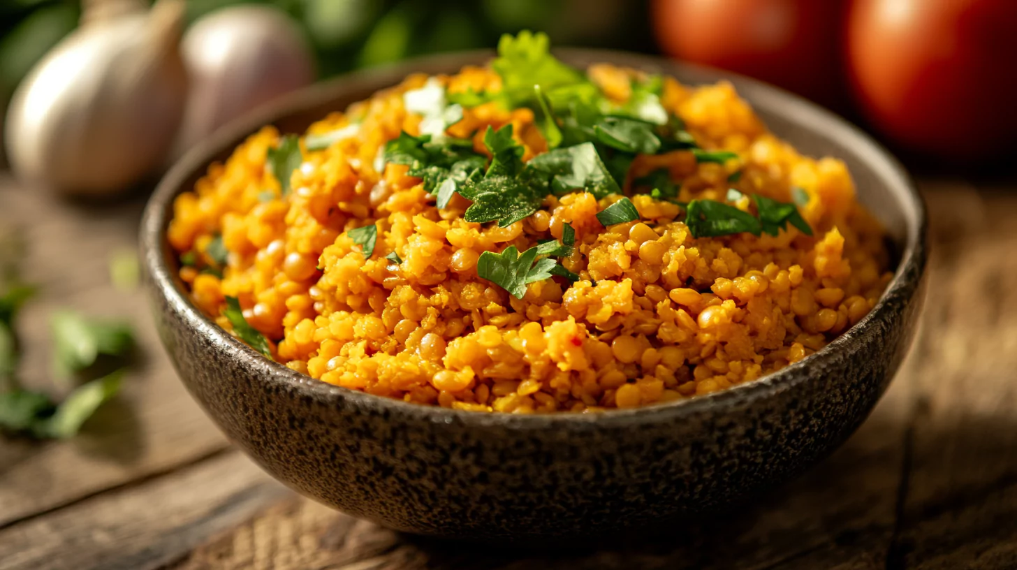 Bowl of cooked lentils with fresh herbs on a rustic table.