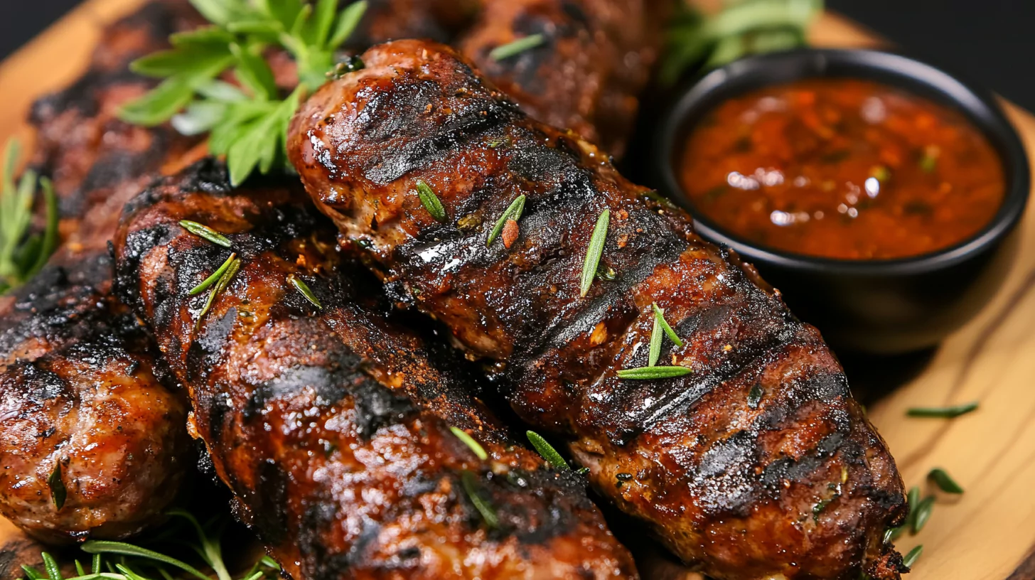 Juicy grilled beef sausages on a wooden platter with garnishes.