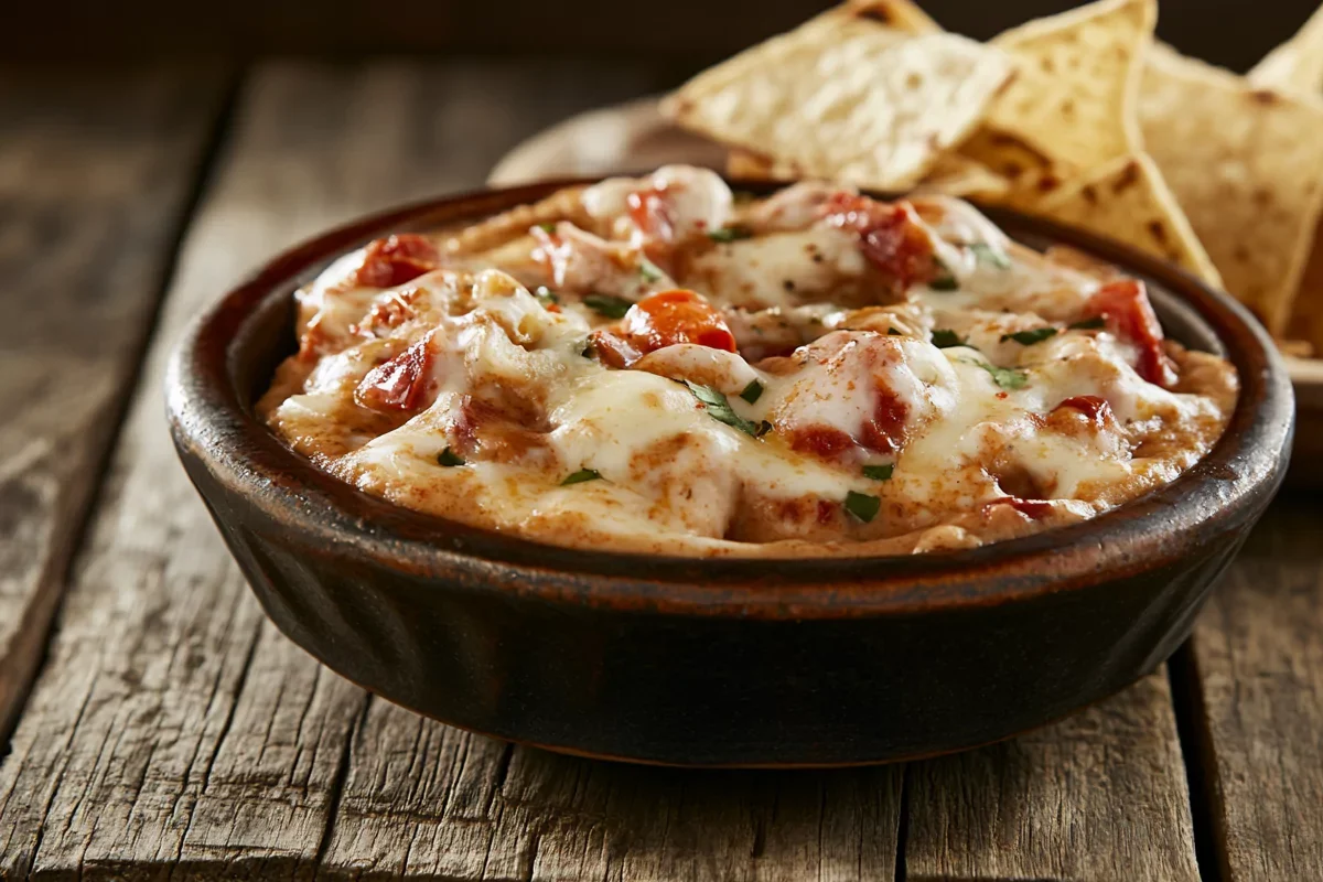 Bowl of Chipotle queso with tortilla chips.