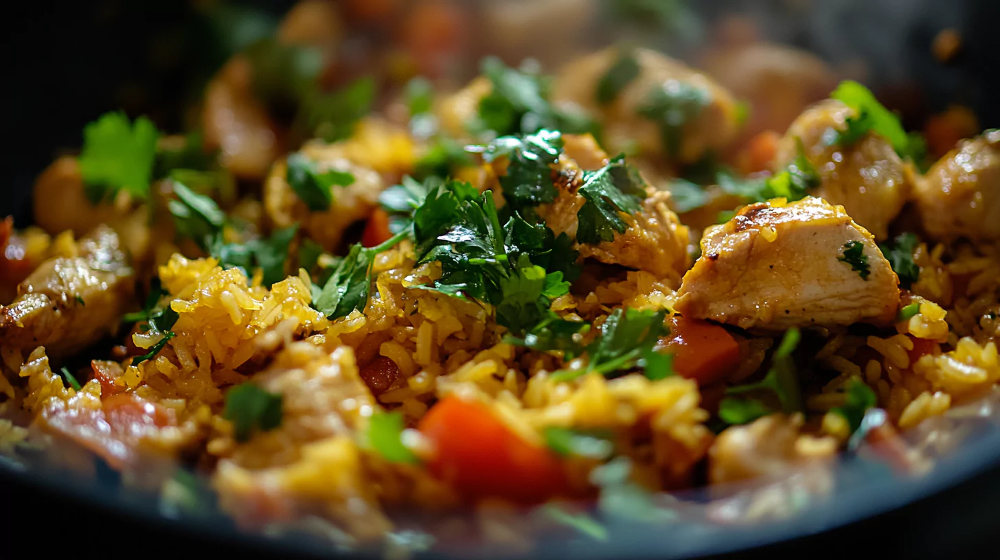 Chicken and yellow rice served in a skillet garnished with fresh parsley.