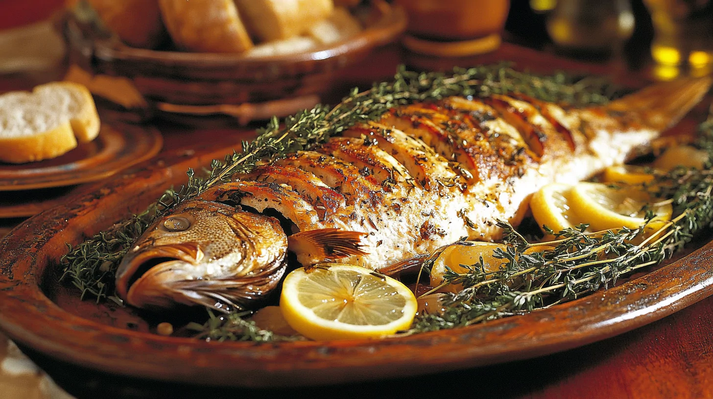 Whole roasted Branzino with lemon and herbs on a serving platter.