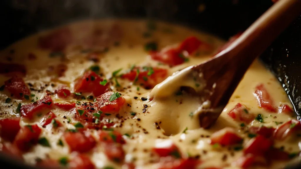 Cheese melting with fresh vegetables being stirred into a pot of queso.