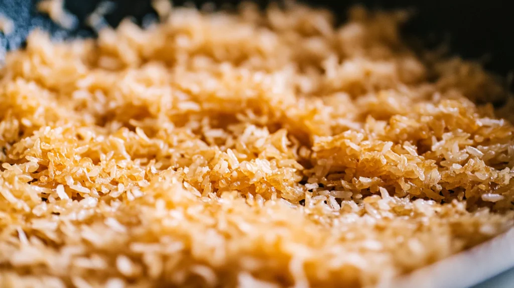 Close-up of golden, crunchy rice grains in a pan.