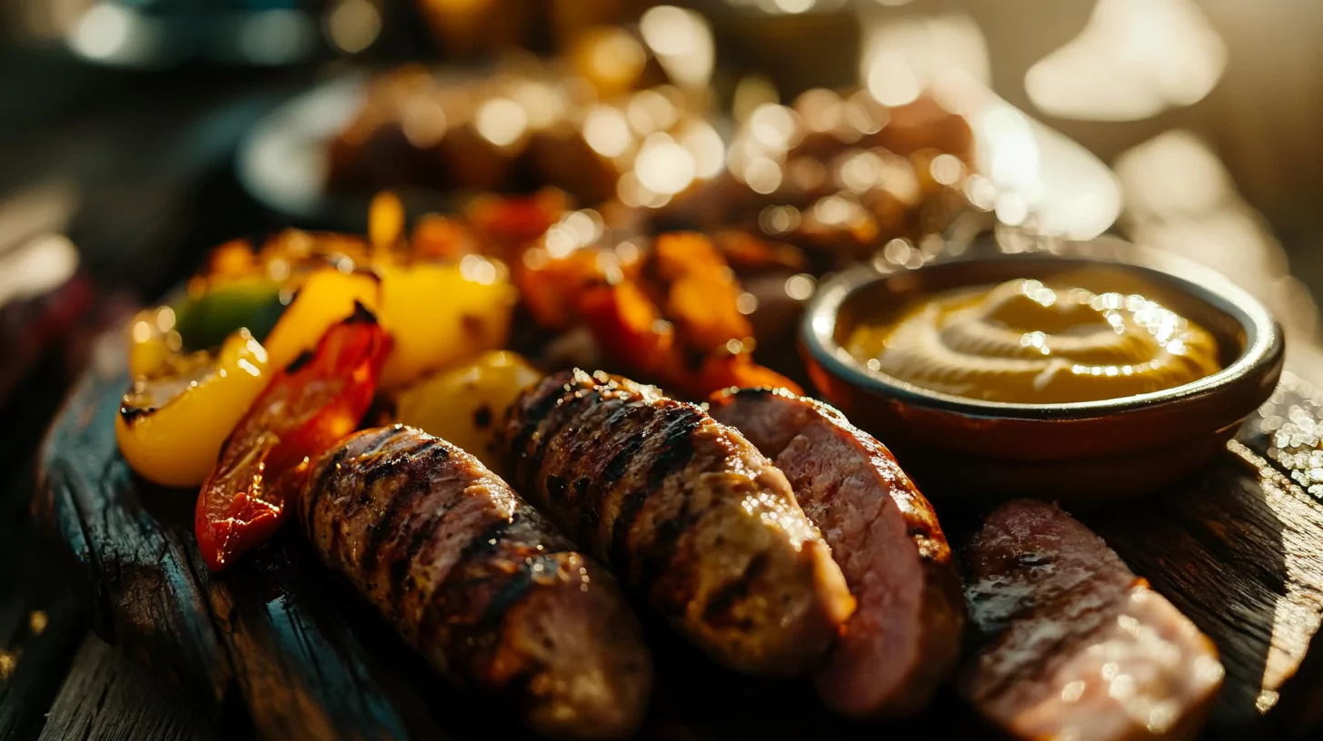 Plate of grilled kielbasa with sides.