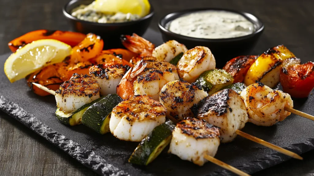 Grilled seafood medley skewers with vegetables.