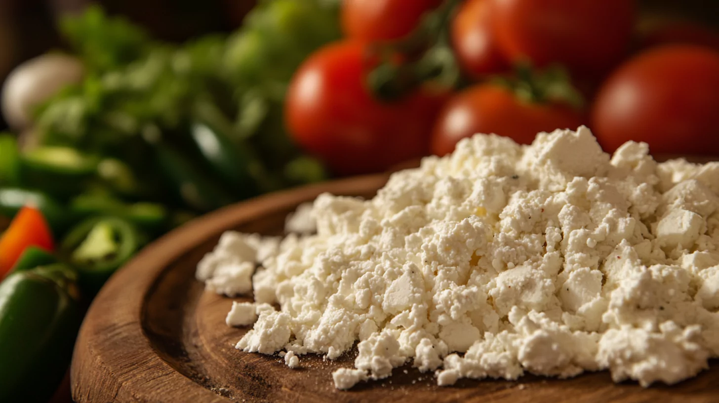 Crumbled queso fresco on a wooden board with vegetables